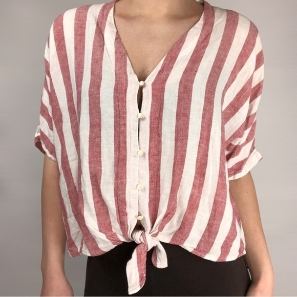 Rails Thea Tie Front Button Up Linen Blouse Seville Stripe XS - Picture 2 of 11